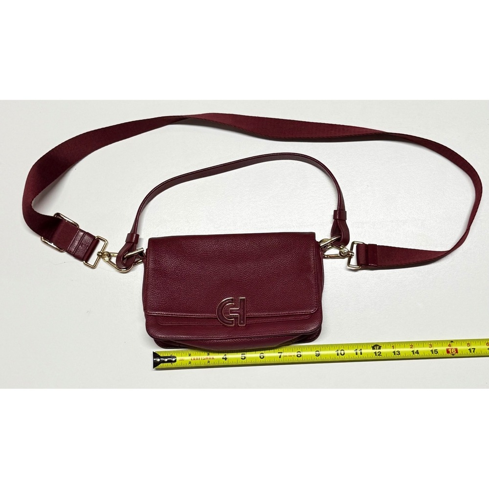 Cole Haan Burgundy Pebbled Leather Crossbody Bag Gold Logo Flap Small Purse